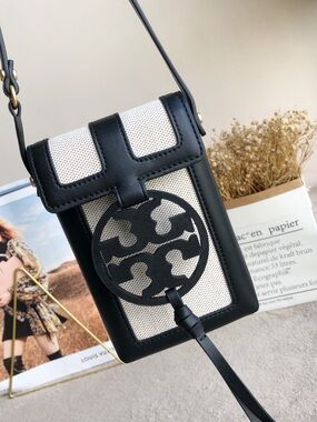 Tory Burch Black and Cream Logo Crossbody Phone Bag